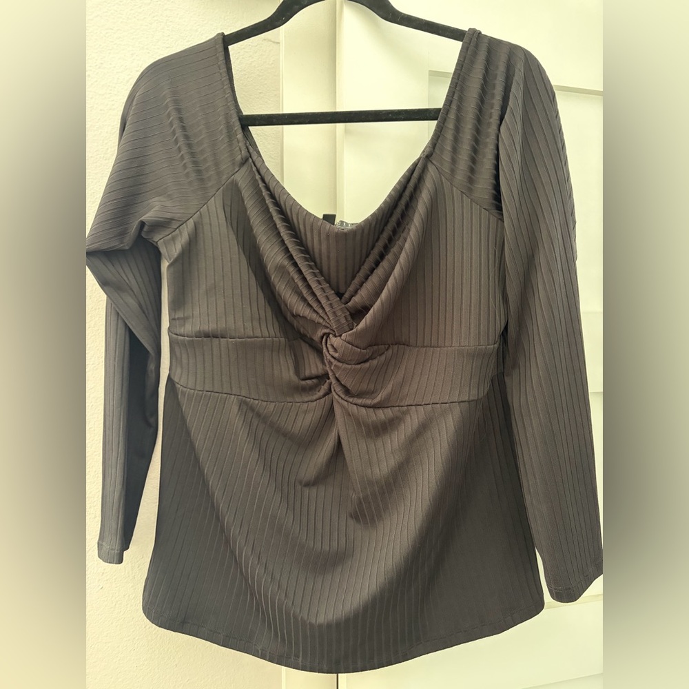 Eloquii Ribbed Long Sleeve Twist-Front Top in Black